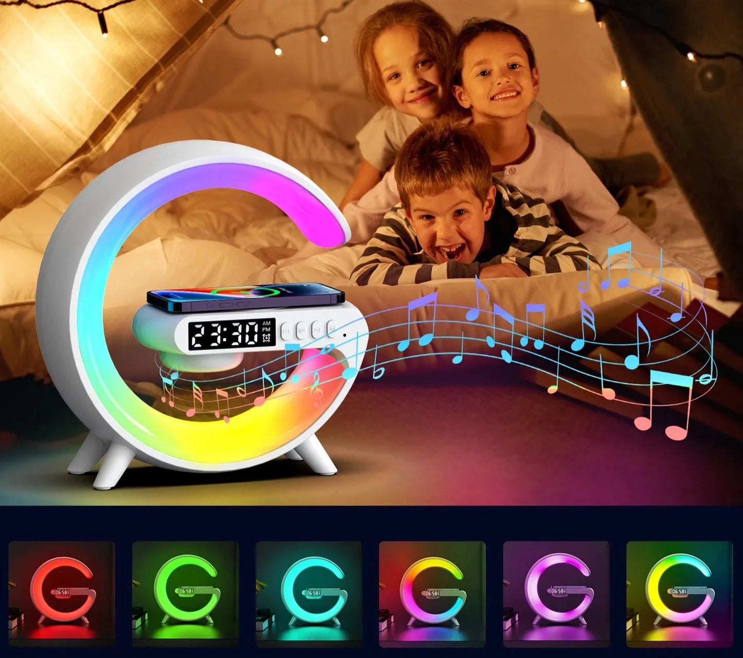 Caixa de Som G-Speaker, Luminária Smart RGB, Carregador Sem Fio, Led Luz Colorida e Relógio